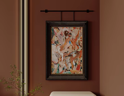 Abstract Art Painting Hung In Dark Frame On Brown Wall 3d model