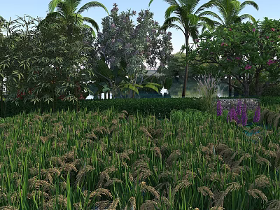 Lush Natural Landscape With Green Grassland Palm Trees And Purple Flowers 3d model