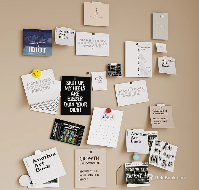 Creative Photo Wall with Various Handwritten Notes Cards Calendar and Inspirational Texts 3d model 