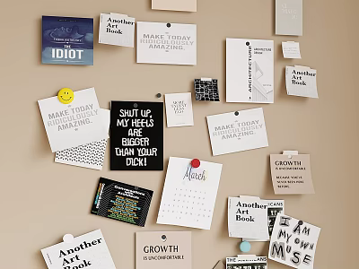 Creative Photo Wall with Various Handwritten Notes Cards Calendar and Inspirational Texts 3d model