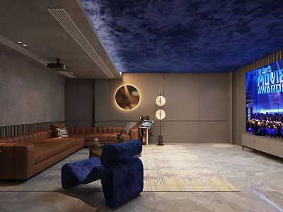 KTV Interior Design With Brown Sofa Blue Chair Round Decor And Large Screen 3d model