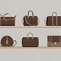 Luxury Handbags Various Styles With Brown Classic Monogram Pattern Displayed On Wooden Shelves