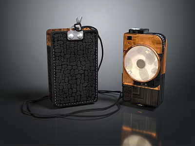 Vintage Retro Cameras With Leather Case And Round Lens Design 3d model