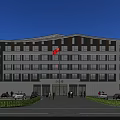 Modern Office Building Exterior With Glass Windows Red Flag Parking Area And Pedestrians