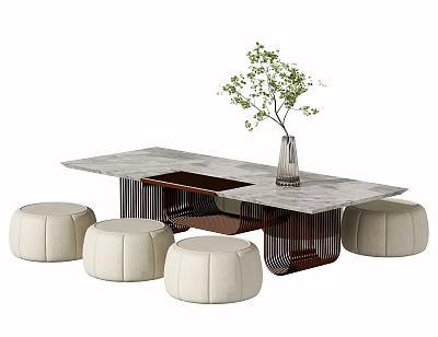 Modern Minimalist Tea Table with Marble Top Beige Round Stools Vase and Green Plant 3d model
