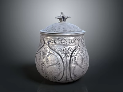 Silver Decorative Storage Jar With Ornate Carved Patterns And Bird Shaped Lid Handle 3d model