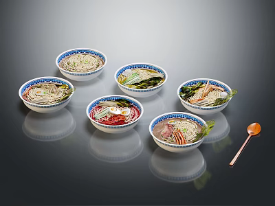 Variety of Soup Noodles in Traditional Bowls with Fresh Toppings and Vegetables 3d model