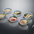 Variety of Soup Noodles in Traditional Bowls with Fresh Toppings and Vegetables