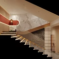 Modern Elevator Hallway Interior Design With Wooden Marble Walls Gray Flooring And Strip Lighting