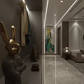Modern Living And Dining Room Interior With Elegant Sculpture Decorative Painting Sofa And Marble Floor