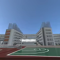 Modern School Building With Connected Wings Glass Curtain Walls Spacious Entrance Plaza Under Blue Sky