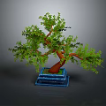 Decorative Bonsai Tree Featuring Green Leaves Brown Trunk and Blue Base Stand