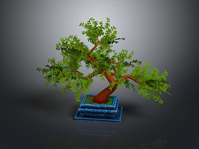 Decorative Bonsai Tree Featuring Green Leaves Brown Trunk and Blue Base Stand 3d model