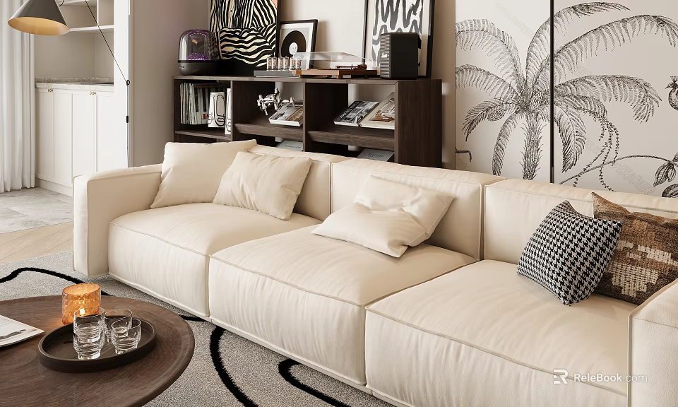 Modern Beige Three Seater Sofa With Patterned Throw Pillows And Coffee Table In Living Room 3d model 