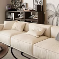 Modern Beige Three Seater Sofa With Patterned Throw Pillows And Coffee Table In Living Room
