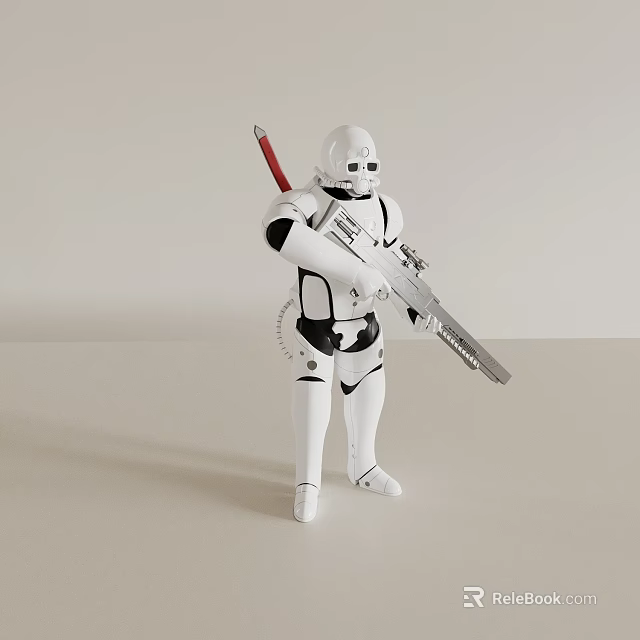 White Stormtrooper Action Figure Doll Holding Blaster With Red Pen On Back 3d model 