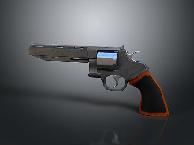 Vintage Revolver with Metallic Body and Wooden Grip with Orange Trim on Gray Background 3d model