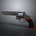 Vintage Revolver with Metallic Body and Wooden Grip with Orange Trim on Gray Background