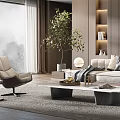 Modern Living Room Interior Design With Light Sofa Accent Chair Coffee Table And Large Plant