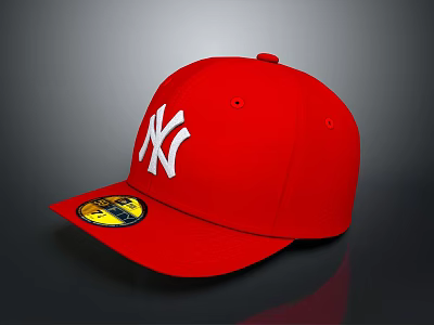 Stylish Red Baseball Cap With White NY Logo And Yellow Label On Brim 3d model