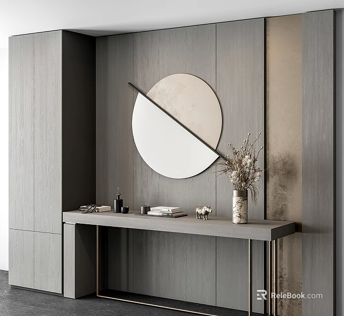 Modern Console Table With Round Mirror And Decorative Vase On Grey Wall 3d model