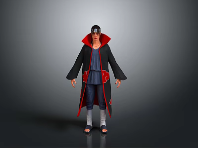 Anime Character Wearing Black Robe With Red Lining Headband Blue Top And Sandals 3d model