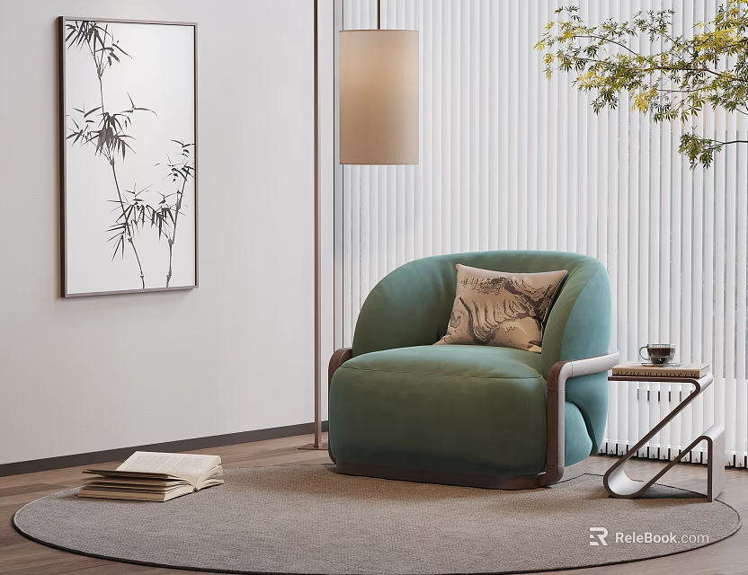 Elegant Green Upholstered Single Sofa with Side Table and Bamboo Painting in Cozy Living Room 3d model 