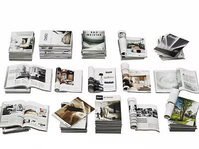 Home Interior Design Books And Magazines Open And Stacked Showcasing Modern Living Spaces 3d model