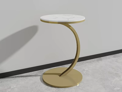 Modern Side Table With White Marble Top Gold Curved Metal Frame And Round Base 3d model