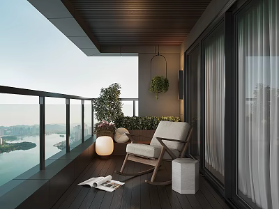 Modern Home Balcony Design With Rocking Chair Floor Lamp Plants Lake View And Wooden Flooring 3d model