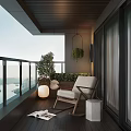 Modern Home Balcony Design With Rocking Chair Floor Lamp Plants Lake View And Wooden Flooring