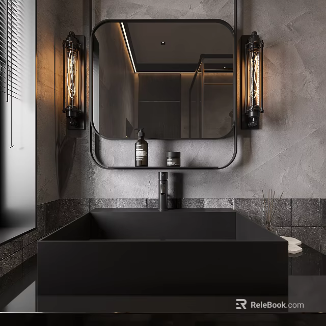 Modern Industrial Bathroom Interior With Black Sink Mirror And Vintage Lamps 3d model 