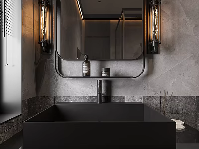 Modern Industrial Bathroom Interior With Black Sink Mirror And Vintage Lamps 3d model