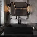 Modern Industrial Bathroom Interior With Black Sink Mirror And Vintage Lamps