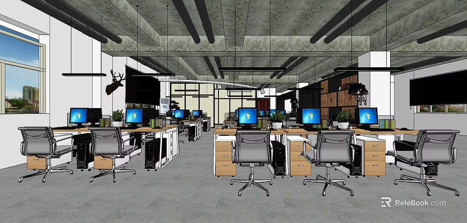 Public Office Space Interior With Workstations Computers Office Chairs And Green Plants 3d model