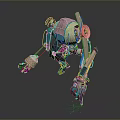 Robot Character Featuring Mechanical Design With Pink Blue Yellow Components And Articulated Limbs