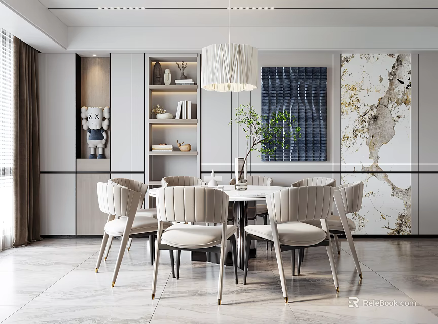 Modern Dining Room Interior With Beige Chairs Round Table Pendant Light And Wall Art 3d model 