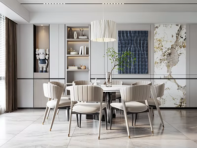 Modern Dining Room Interior With Beige Chairs Round Table Pendant Light And Wall Art 3d model