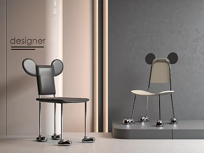 Mickey Ear Shaped Children's Chairs with Black Off White Design and Metal Ball Feet 3d model
