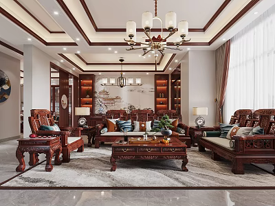 Traditional Chinese Living Dining Room With Mahogany Furniture Chandelier And Bookshelves 3d model