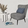 Gray Single Sofa With Blue Cushion White Round Side Table Dried Flowers And Magazine 3d model