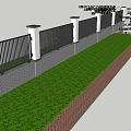 Modern Garden Landscape With Black Railing White Pillars Brick Wall And Green Grass