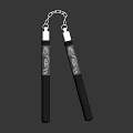 Traditional Nunchucks Weapon With Black Handles White Patterns And Silver Chain