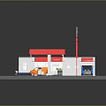 Gas Station Building Featuring Red Roof Fuel Pumps Convenience Store and Signboard