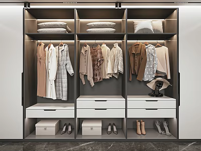 Modern Organized Wardrobe With Hanging Clothes Folded Items Drawers Shoes And Hat 3d model