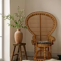 Rattan Leisure Chair With Woven Backrest Gray Cushion And Potted Plant In Indoor Space