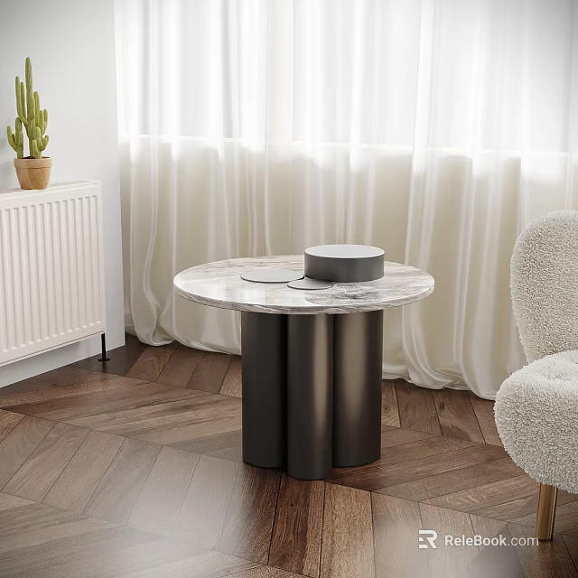 Modern Round Side Table With Marble Top And Black Cylindrical Legs 3d model 