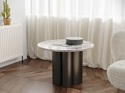 Modern Round Side Table With Marble Top And Black Cylindrical Legs 3d model