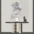 Modern Luxury Console Table With Geometric Mirror Vase Decorative Plate And Cat Figurine