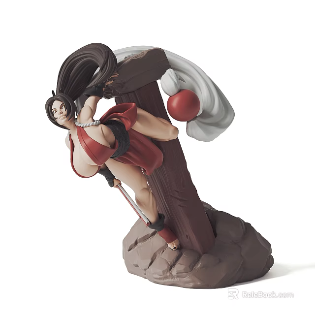 Exquisite Female Character Sculpture With Red Dress Long Hair And Wooden Base 3d model 